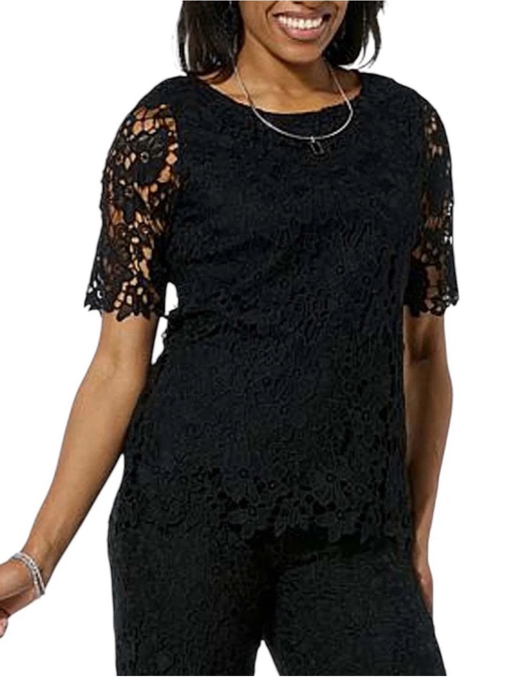 Nina Leonard Elbow Sleeve Round Neck Lace Top Black Small NWOT IN PACKAGE